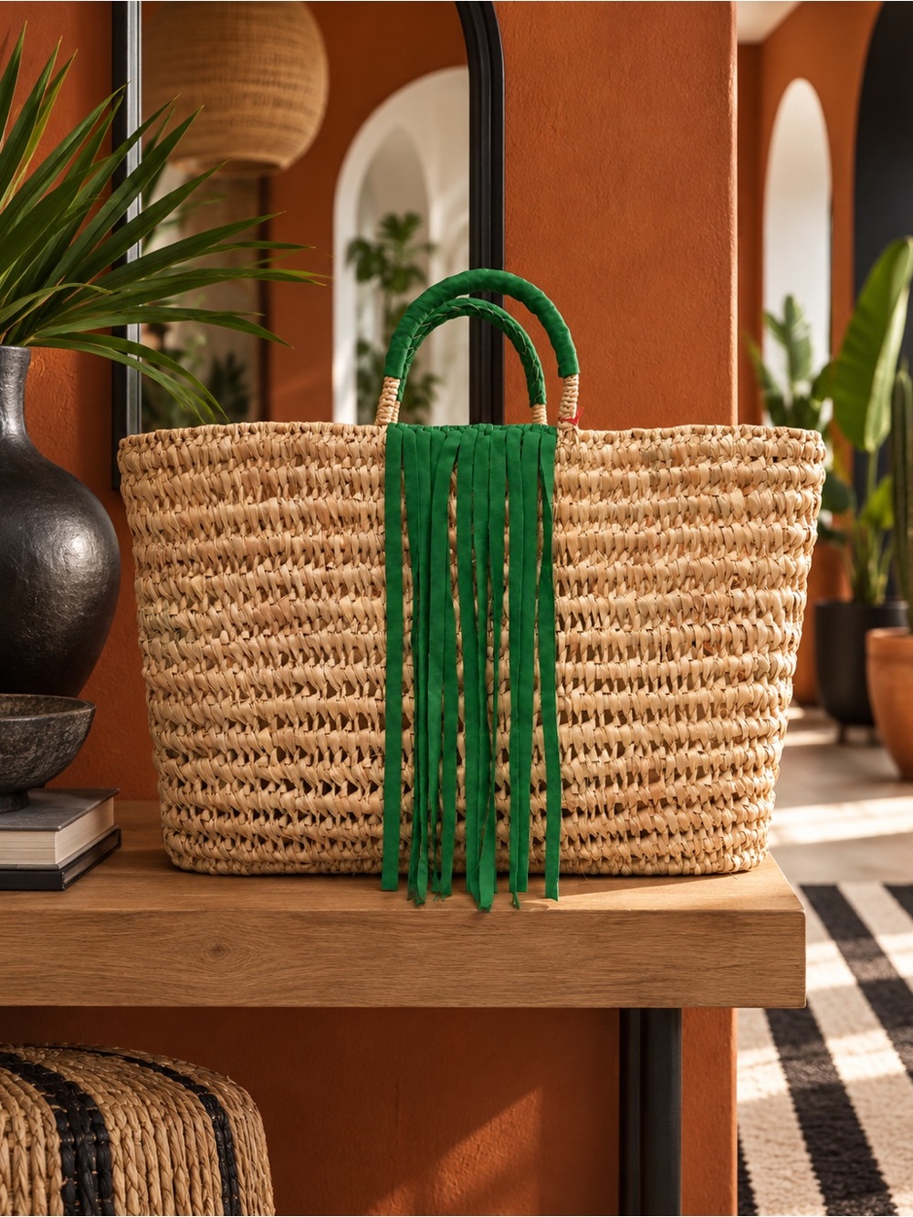 Woven Straw Fringe Tote Bag in Green